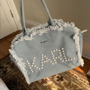 Karl Lagerfeld Powder Blue Pearl-Embellished Fringed Canvas Tote